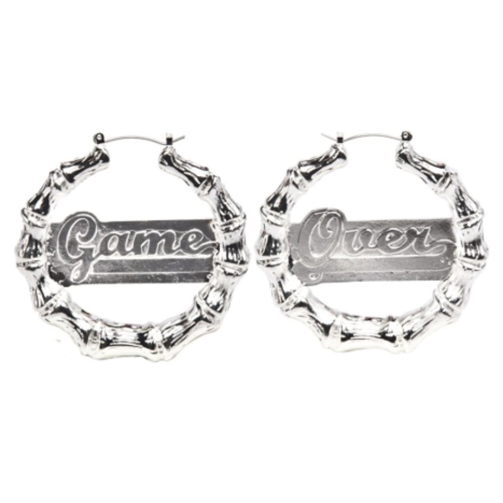 Sourpuss Silver "Game Over" Bamboo Hoop Earrings